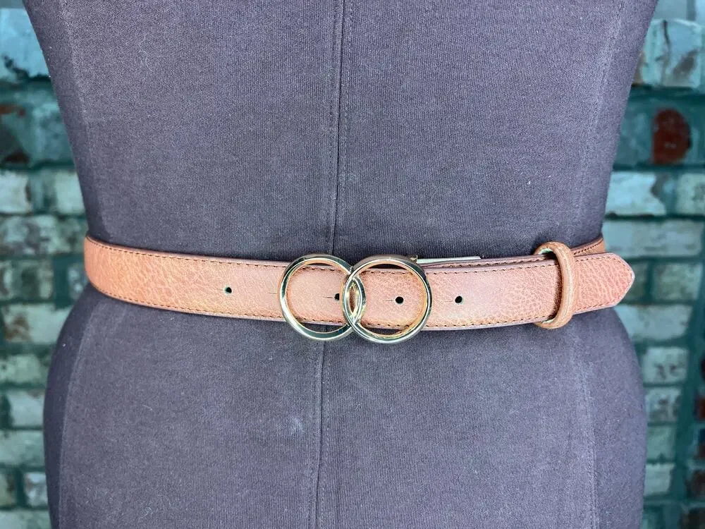 belt  vegan leather tan interlocking circles buckle gold